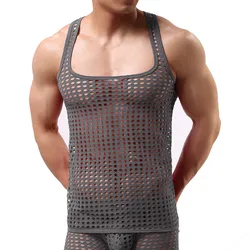 Men Mesh See-Through Sleepwear Tank Vest Tops Undershirt Fish Net Pure Color Hollow Out Sexy Underwear