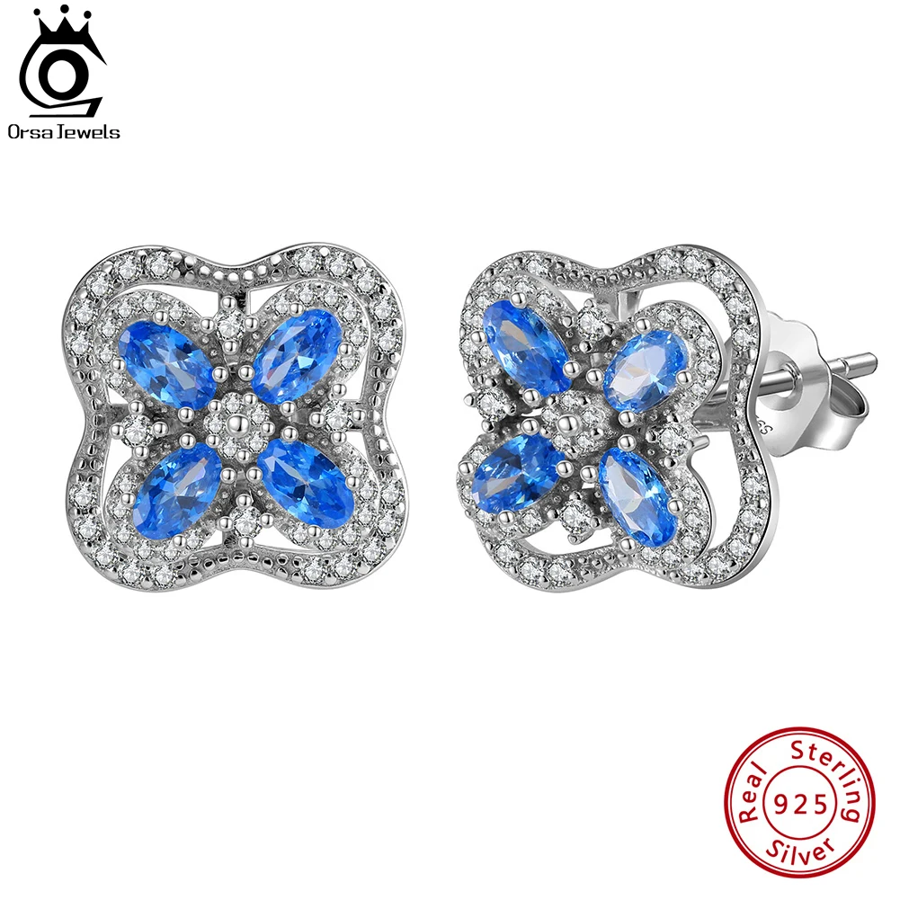 

ORSA JEWELS 925 Sterling Silver 15mm Flower Shape Rotable Earrings Shiny Sapphire 5A CZ Earrings Jewelry Gifts for Women LME06