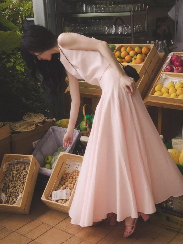 

Ele Pink Svel Top And Skirt Set Early Autumn Faionable Two-Piece Suit Simple Sle Casual Versatile Women's ...