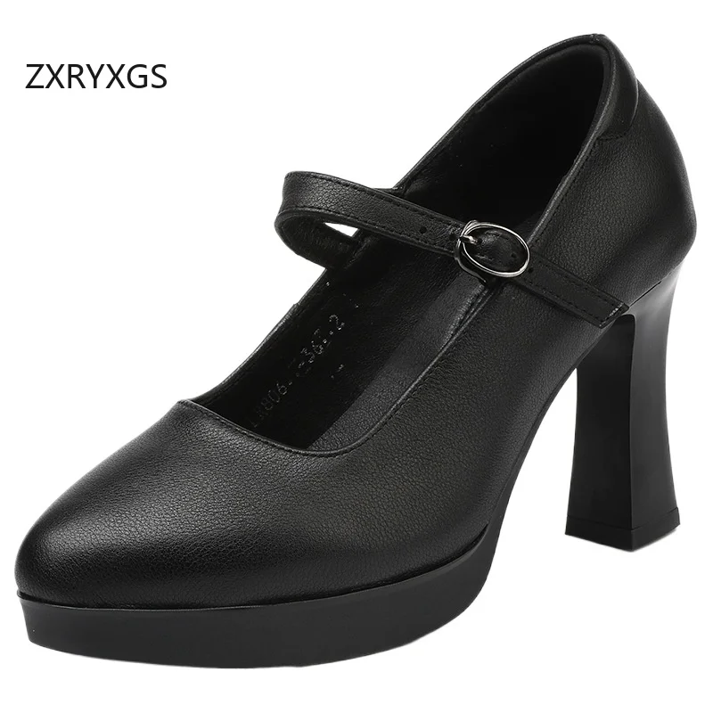 ZXRYXGS Top Cowhide Model Runway Women Pumps Shoes 2024 Autumn Round Toe Comfort Genuine Leather Shoes Heel High 7 / 9 / 11 Cm