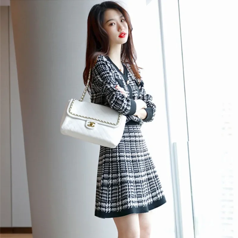 Office Crochet Tweed Long Sleeve 2 Pieces Sets for Women Lightly Cooked Skirt Woman Outfit Knit Korean Style Vacation 2024 Full