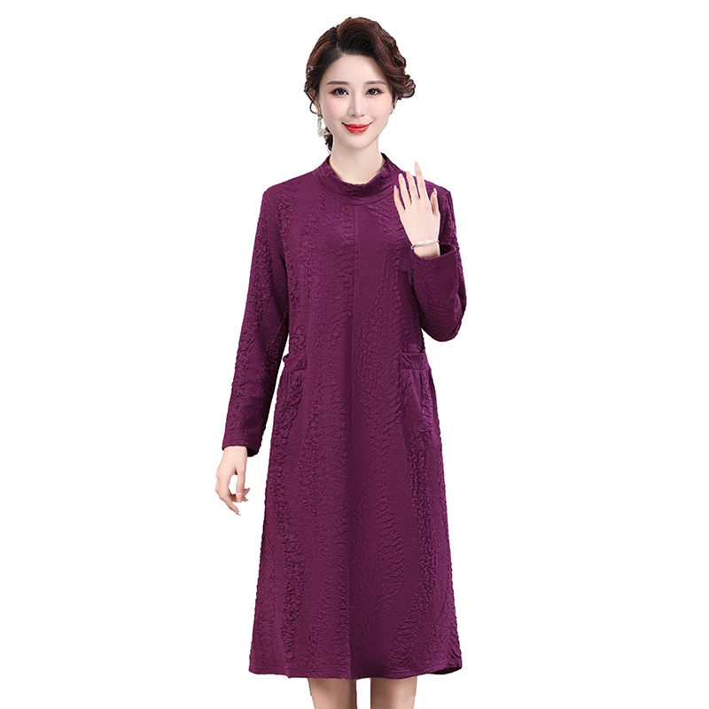 Women Autumn Winter Long Dresses Middle-aged And Elderly Half High Collar Loose Oversize Mother Wear 40-50-Year-Old Dresses