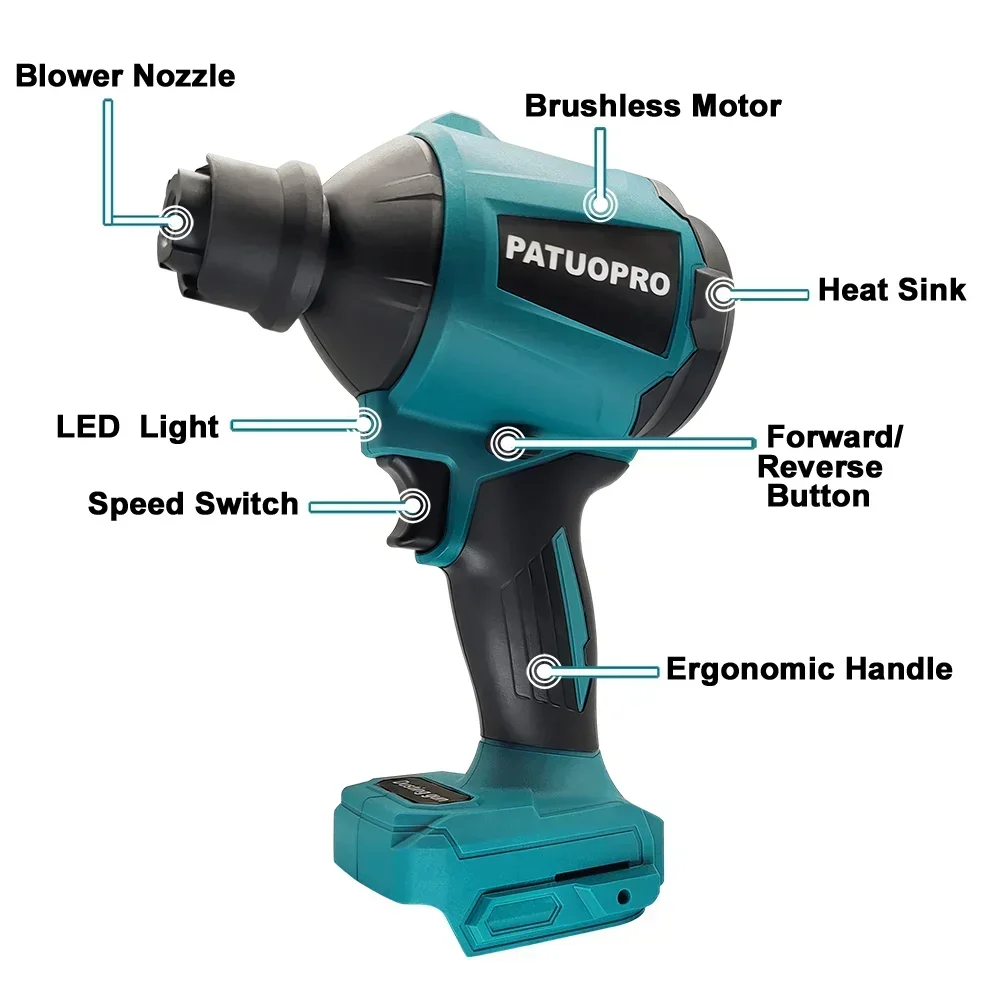 PATUOPRO High Speed Electric Inflatable Blower Brushless Cordless Dust Blower Home Power Tool For Makita 18V Battery(No Battery)