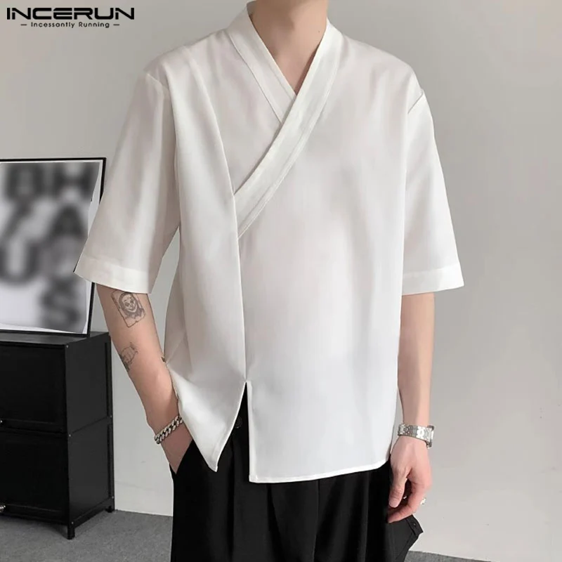 INCERUN Tops 2024 Chinese Style Men\'s Cross Collar Design Solid Simple Shirts Casual Streetwear Male Short Sleeved Blouse S-5XL