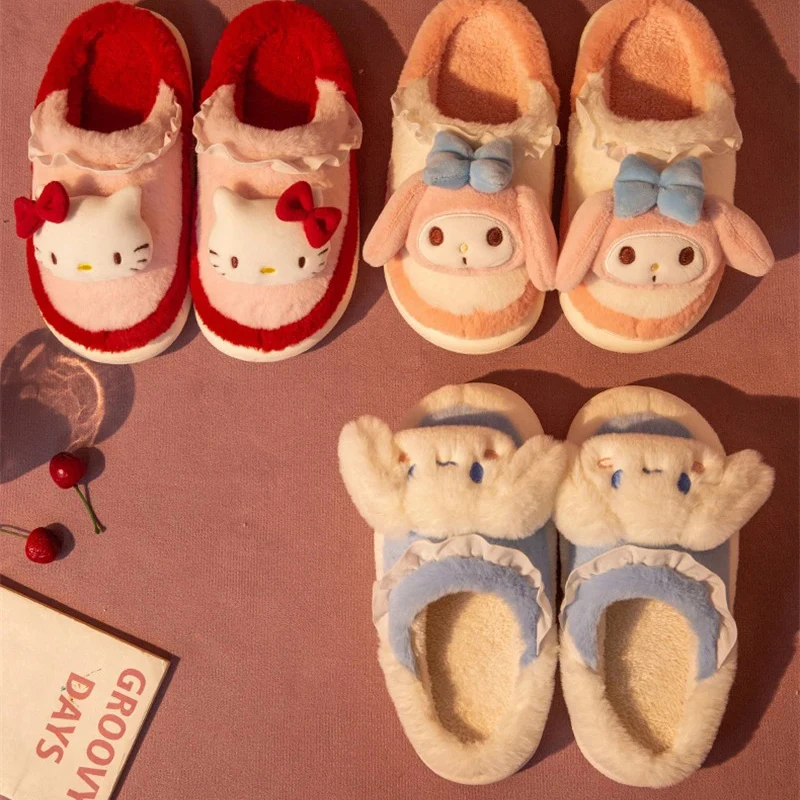 Kawaii Sanrio Kuromi My Melody Home Fuzzy Slipper Cartoon Cinnamoroll Yk2 Women Winter Plush Non Slip Slippers Girl Flat Shoes