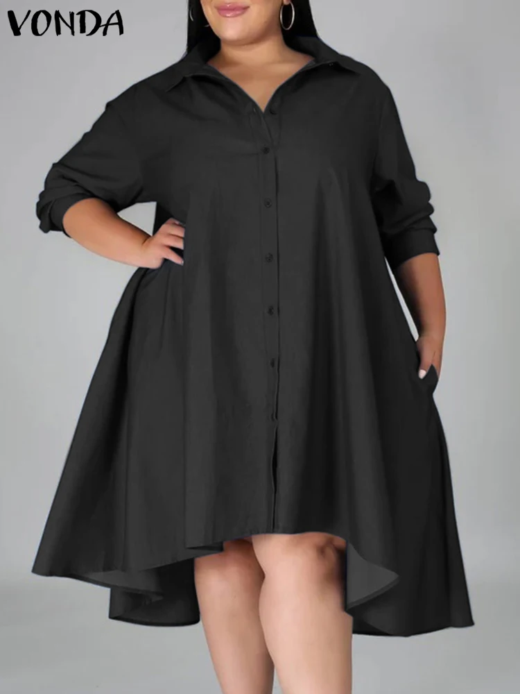 Plus Size VONDA damska sukienka jeansowa 2023 jesienna koszula sukienka seksowna z długim rękawem asymetryczna Midi Vestidos elegancka Sundress