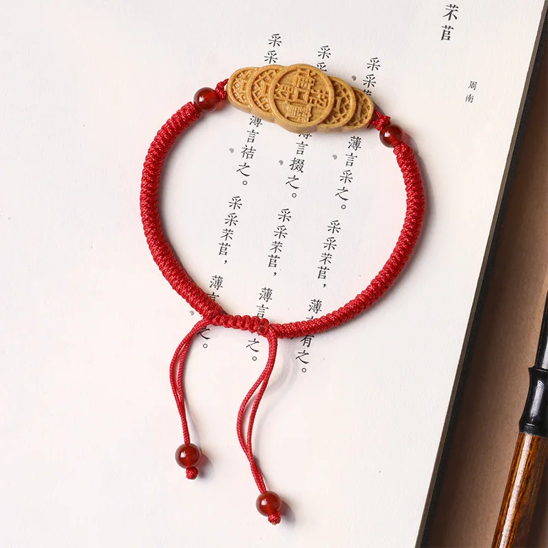 Chinese Wind Natural Sandalwood Bracelet Wealth and Treasure Year Red Rope Five Emperors Money Men's Couple's Guardian Amulet