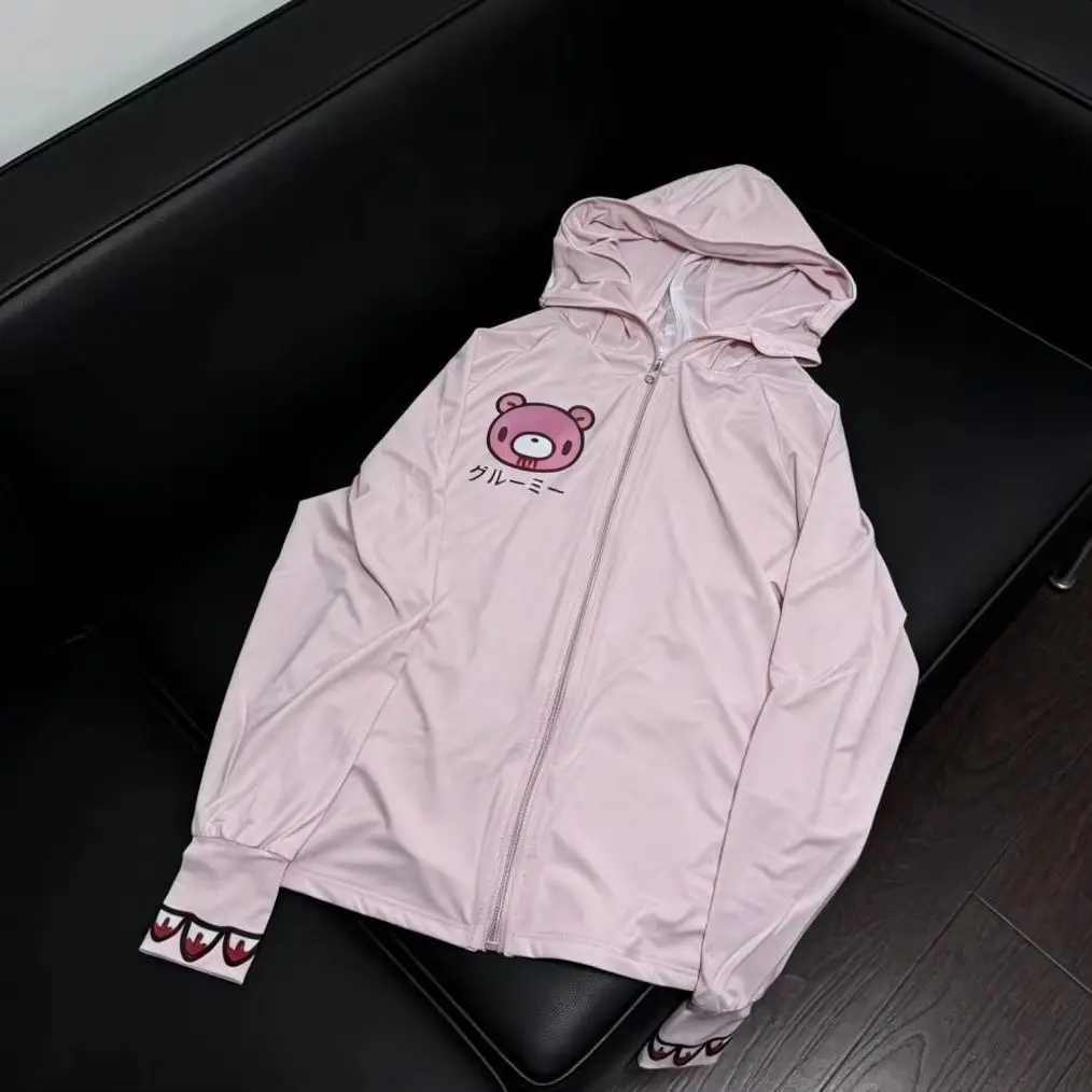 Women UPF50+ Sun Protection Hooded Jacket Cute Cartoon Bear Zip Up Thin UV Coat Y2K Kawaii Long Sleeve Sun Shirt With Thumb Hole