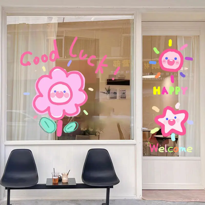 Creative Star Flower Stickers Luck Smiling Face Decorative Wallpaper English Pictures Shops Home Window Glass Door Cartoon Decor