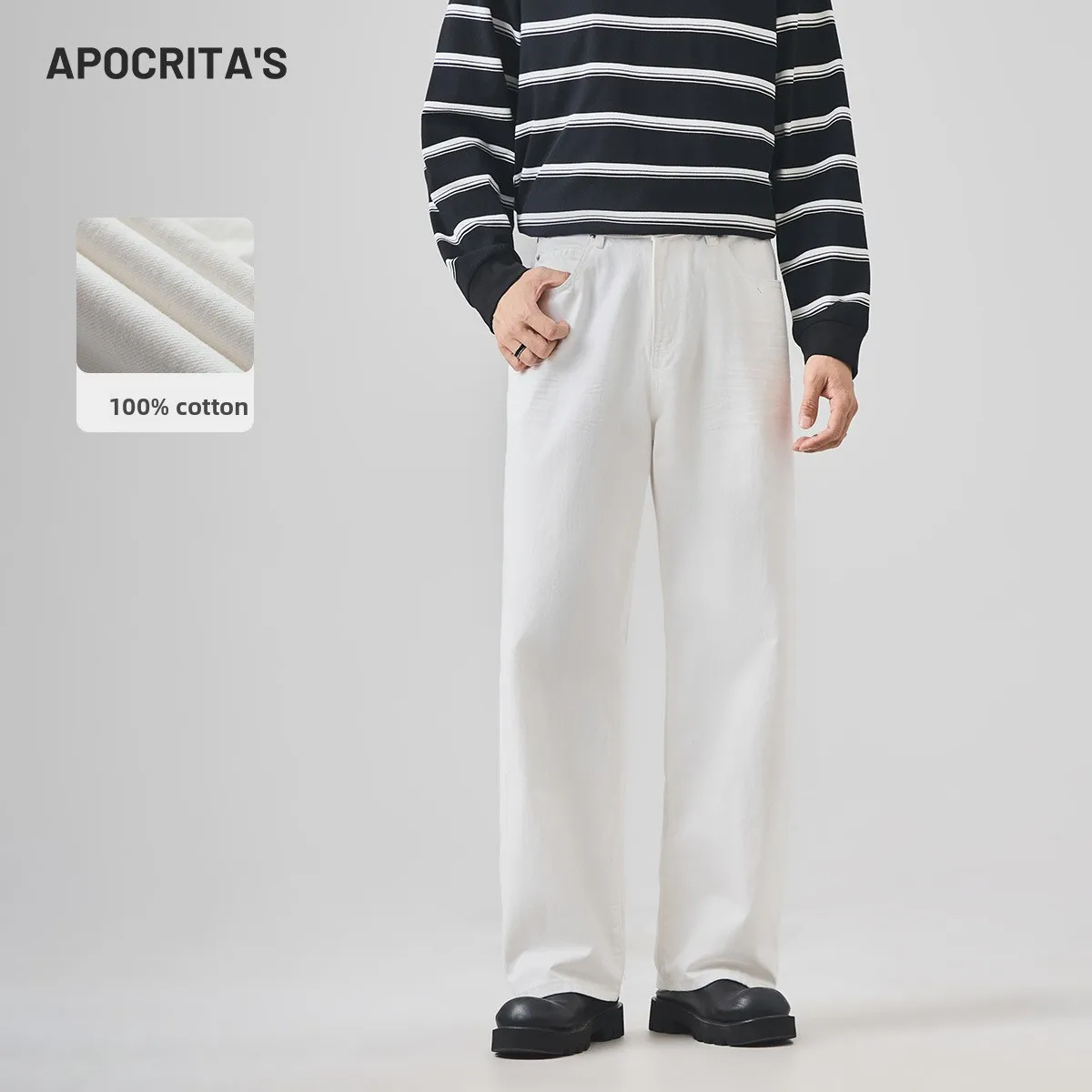 

Men's Pure Cotton White Denim Jeans Spring Season High End Versatile Loose Straight Cut Color Pleated Long Trousers
