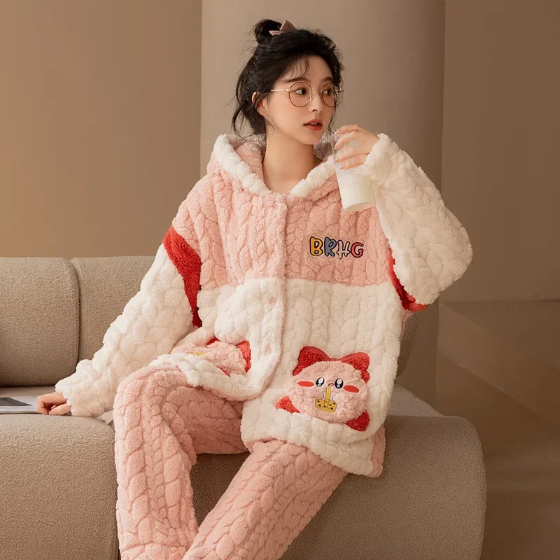 Stern Kirby Cartoon niedlichen Korallen Samt Paar Pyjama Mädchen Winter Nachthemd verdickt Fleece Lounge wear Set tragen Geschenk draußen