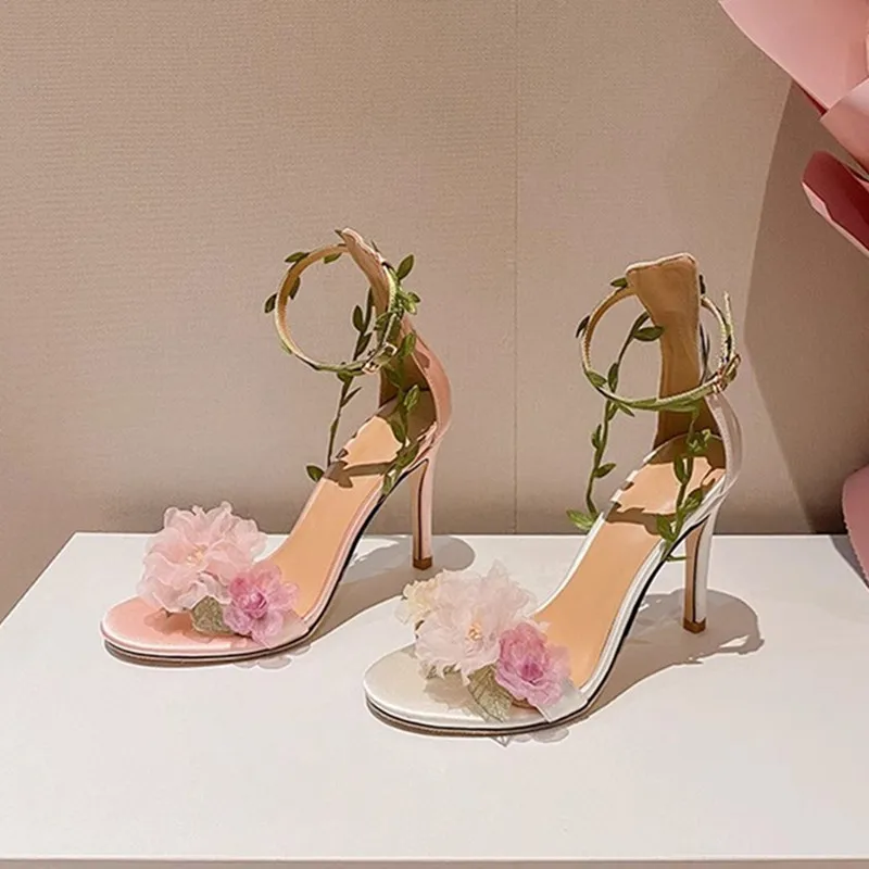 

Wedding Shoes Women 2023 New Pink Countryside Chiffon Flower Fantasy High Thin Heels One Line Vine Strap Sandals Female Size40