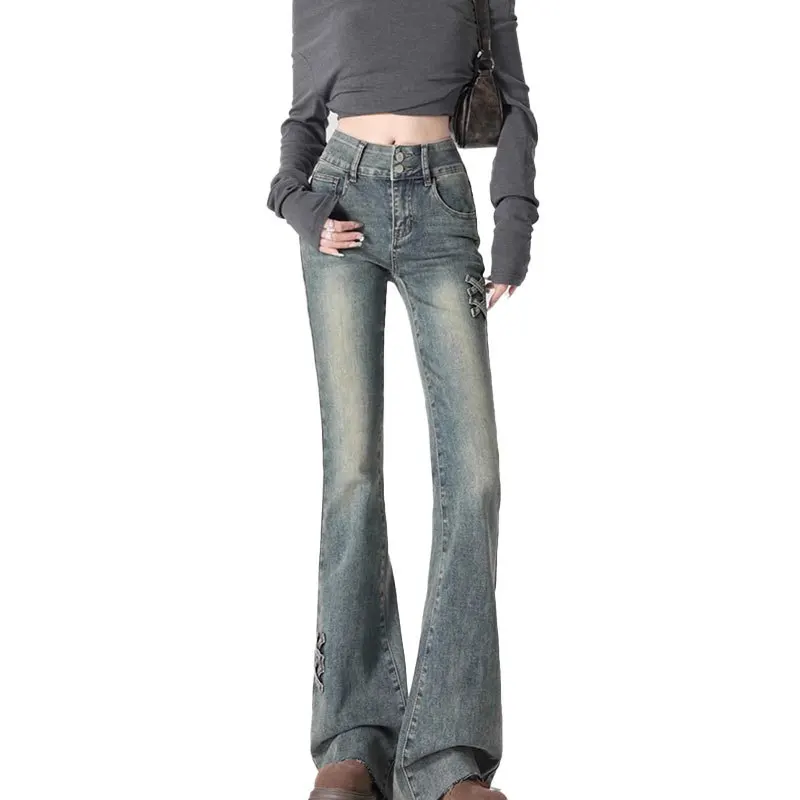 Jeans svasati con nodo a fiocco per donna Autunno Americana Vintage Blu Taglie forti Design snellente a vita alta