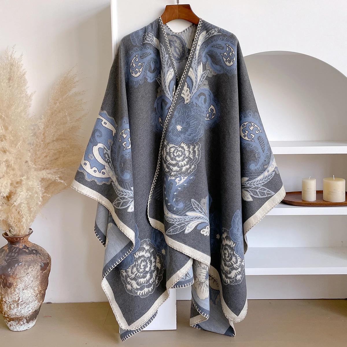 

Брендовая модная зимняя кашемировая шаль для женщин - толстый шарф из пашмины с цветочным принтом и рисунком маслом, накидка и пончо