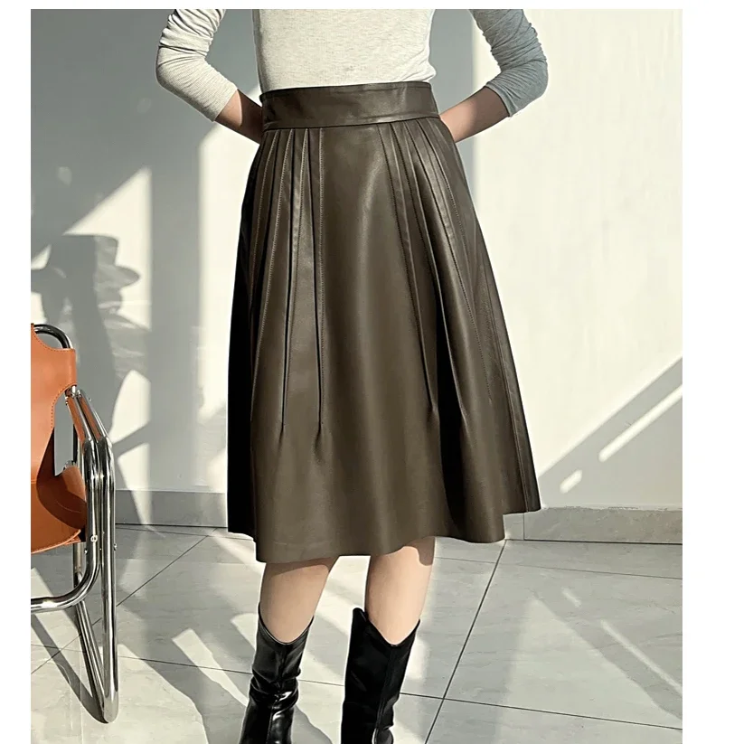 Women Leather Skirts Winter/SpringHigh-End Heartthrob Italian High-Quality Sheepskin Folded Faldas Mujer Over Knee Pleated Jupe