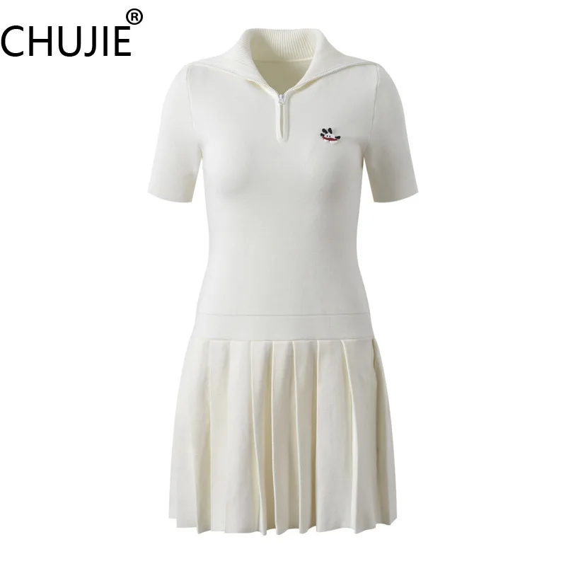

CHUJIE Polo Collar Knit Dress Sporty Chic Pleated Skirt Tennis Dress Stretchy Viscose Blend Casual SS25 with Pockets