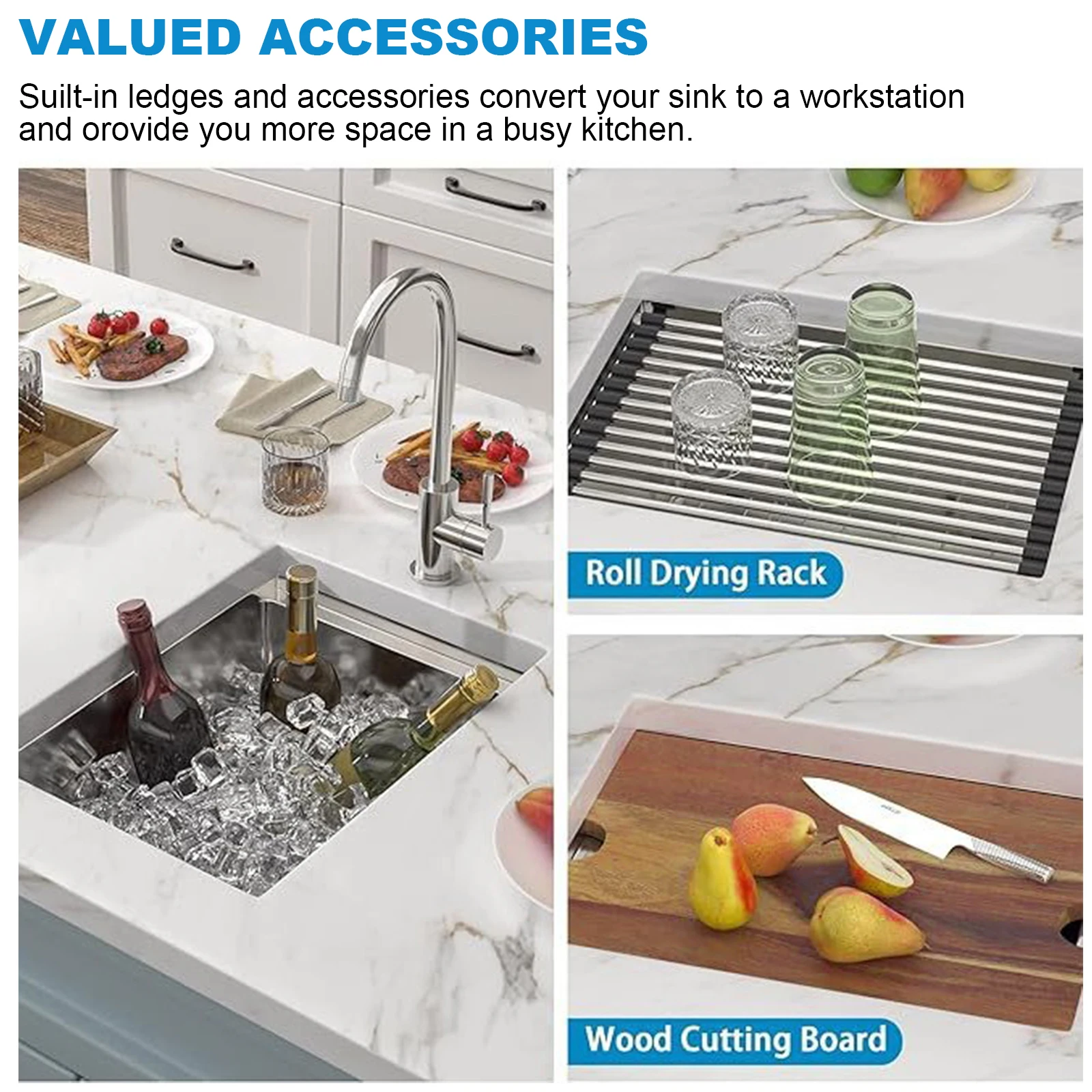 

16 Gauge Built-in Kitchen Sink Stainless Steel 30/33 Inch Drop-In Sinks with Bottom Grid Basket Strainer Multifunction Chef Sink