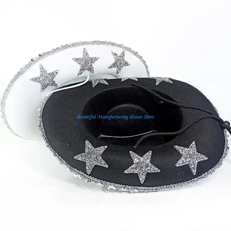 

E56A Cowboy Hat Star Sequin Birthday Party Hats Cowgirl Hats Women Performance Hat For Adults Party Hats Cosplay