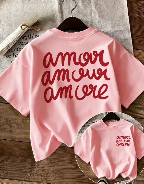 With Double-Sided Print Featuring Handwritten Style Red with The Letters 'Amor Amor Amor' Round-Neck Pure Short-Sleeve T-Shirt