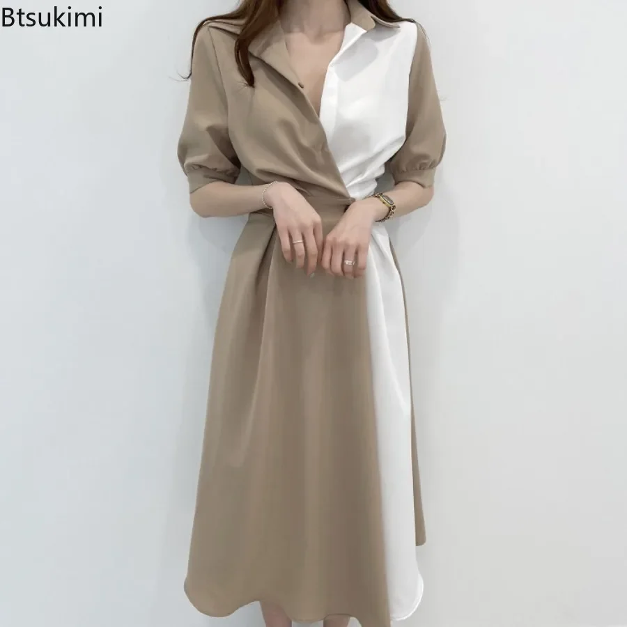 

2025 Fashion Contrast Color Women Dress Korean Style Slim High Waist Lapel Shirt Dress Summer Casual Office Ladies Elegant Dress