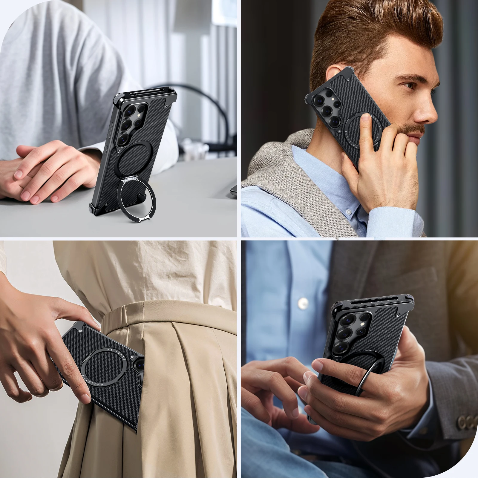 Eary capa de telefone de fibra de carbono para samsung galaxy s25 ultra com suporte magnético giratório 360 moldura magsafe capa protetora à prova de choque