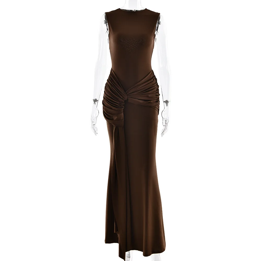 TWOTWINSTYLE Abito lungo senza schienale alla moda sexy per le donne O collo senza maniche vita pieghettata abiti da sera a coda di pesce dimagranti femminili