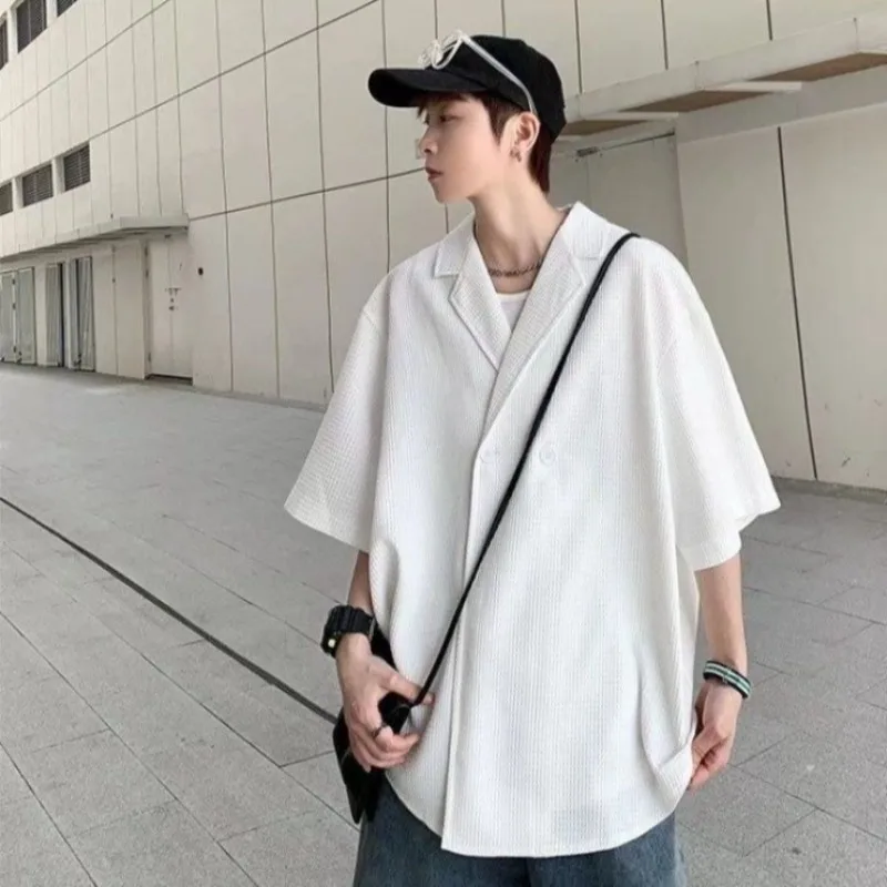 

High End Draping Men Suit Collar V Neck Short Sleeve Shirt Trendy Three Piece Set Lightweight Solid Color Versatile