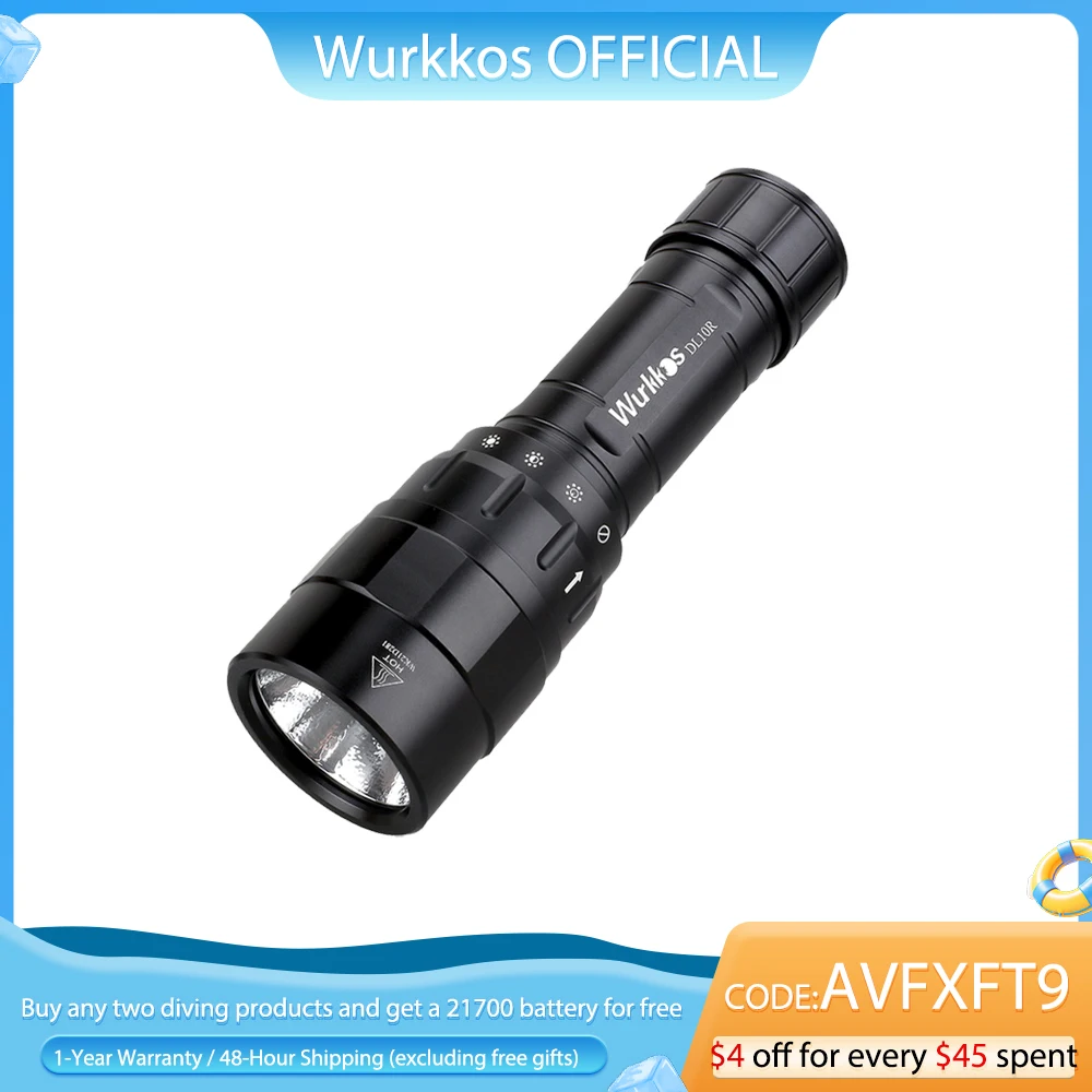 Wurkkos DL10R Scuba Diving Torch XHP70.2 LED Flashlights 4500lm 21700 USB-C Rechargeable Rotary Switch Magnetic Control