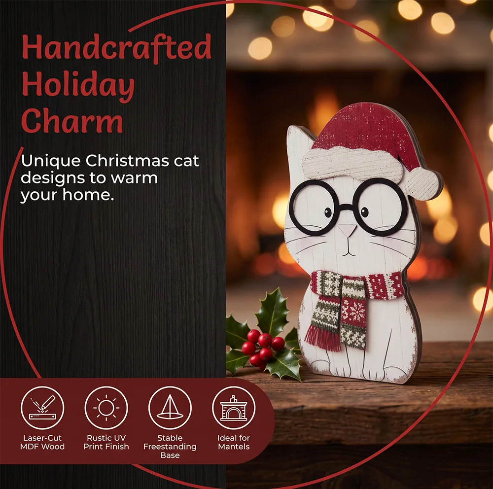 1PC Vintage Wooden Cat Figurine Set Christmas Santa Hat Scarf Bow Tabletop Home Party Decor