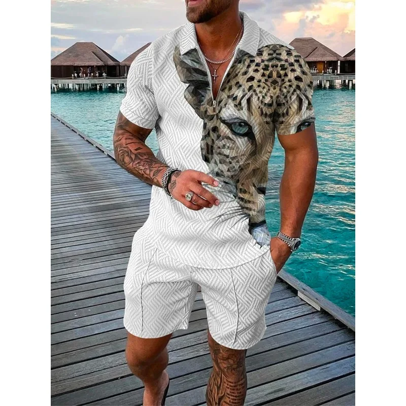 

2024 Men's New Casual Fashion Versatile Trendy Personalized Contrast POLO Zipper Polo Short Sleeve Set