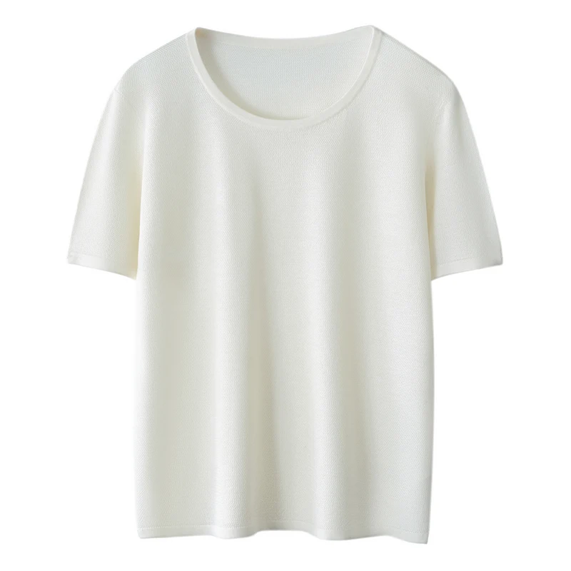 

Summer 100% mulberry silk women's T-shirt casual solid color knitted pullover short sleeved loose round neck Tees Pull vest Tops