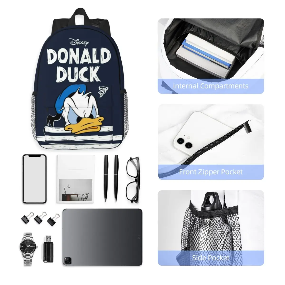 Mochila compacta Donald Duck de 15 polegadas – Bolsa leve e elegante, perfeita para estudantes e viajantes
