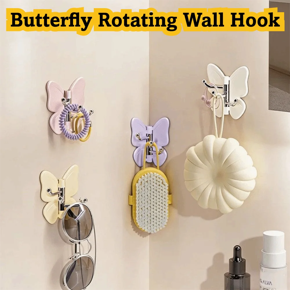 1/4PCS Plastic Butterfly Wall Hook Self Adhesive Waterproof Adhesive Wall Hook Rotatable No Drill Key Holder Hook