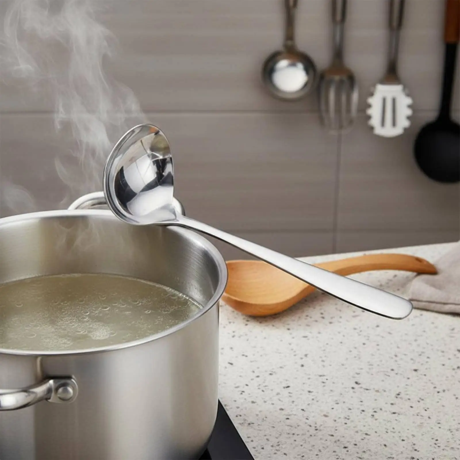 Stainless Steel Spoon Rust Resistant Serving Ladle Long Handle Kitchen Utensil for Soup and Broth Serving