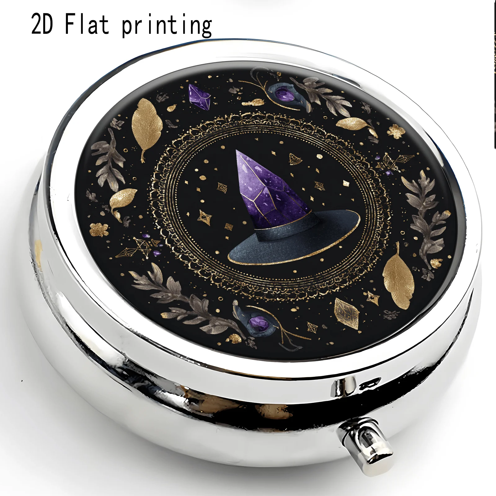 1Pc, Flat, Black Base with Amethyst Witch Hat and Gold Pattern Design, Round Three-Compartment Small Pill Box, Portable Medicine Storage, Small Jewelry Organizer, Suitable for Handbags or Travel, Holiday Gifts, Souvenirs, Prizes, Small Gifts, Suitable for Personal Use or as an Exquisite Gift Option