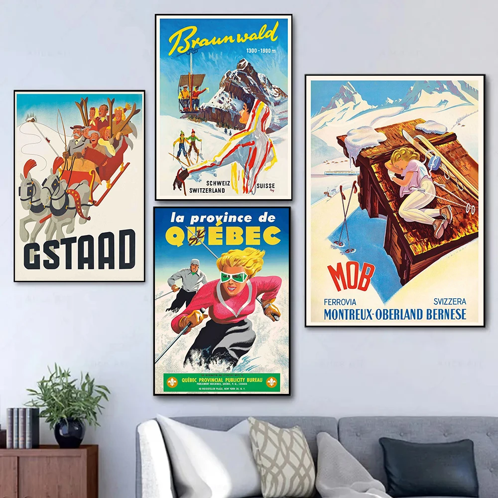 Retro Zermatt Chamonix Skiing Art Poster Vintage Australia France Ski Canvas Painting Wall Art Travel Picture Home Decor Cuadros