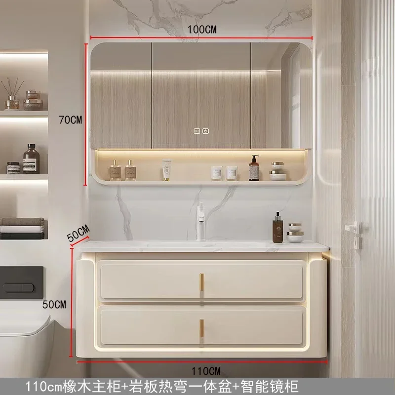 

Cream wind rock slab hot bending integrated basin bathroom cabinet combination bathroom oak premium washstand