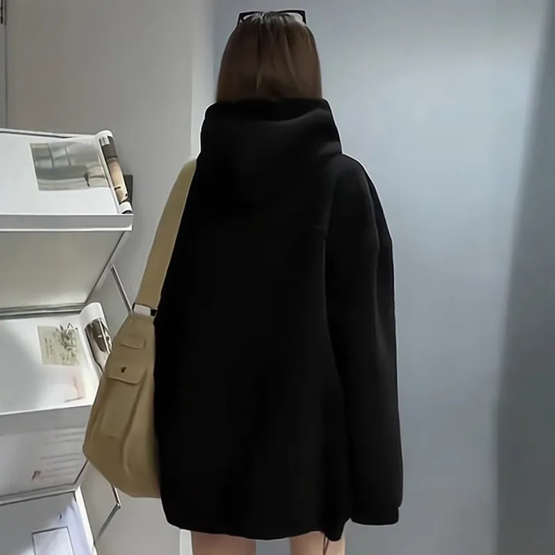 Autumn and winter fashion new black hooded loose slimming plus velvet sweatshirt long sleeved women's pullover top