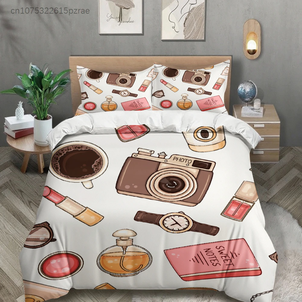 3pcs Bedding Sets 3D Printed Camera Coffee Perfume And Watch Duvet Cover Sets With Pillowcases No Filling