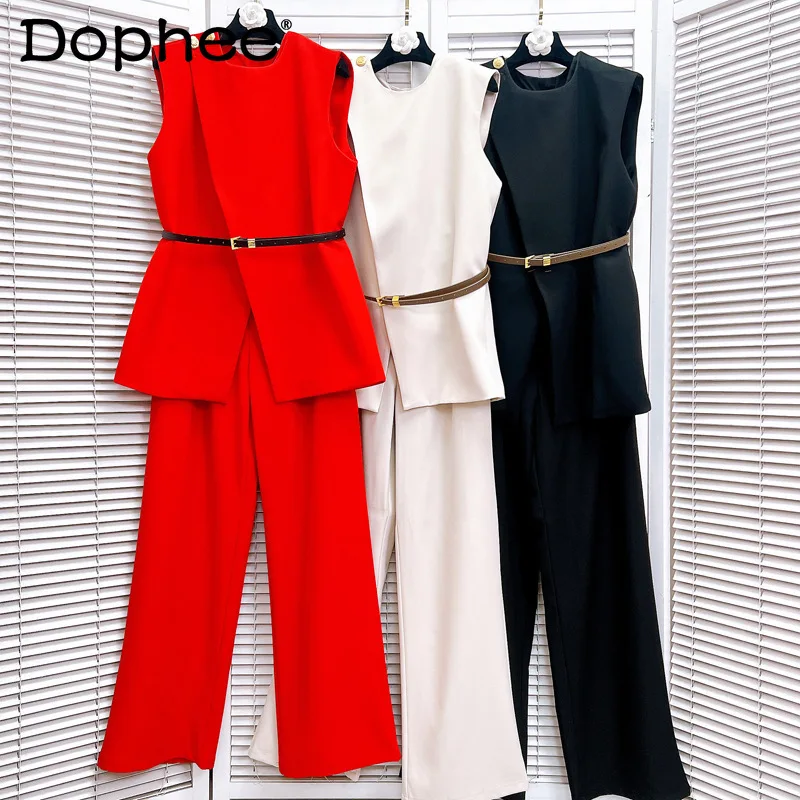 

Crew Neck Solid Color Sleeveless Split Vest Top with Belt + Straight Wide-leg Pants Set Commuter Style Womens Two Peice Sets