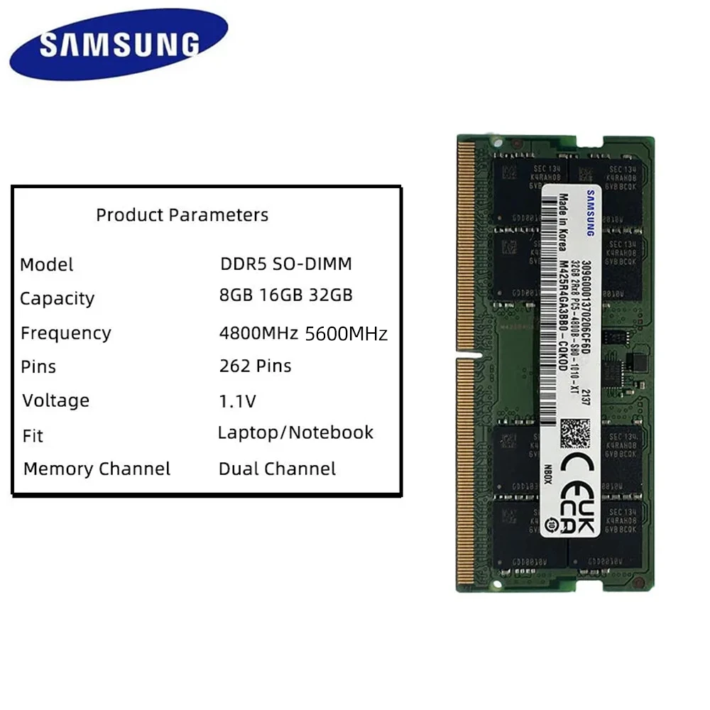 Samsung Memoria Ram DDR5 8GB 16GB 32GB 4800MHz 5600MHz PC5-34800 PC5-41600 262 Pin for Laptop Notebook Computer RAM