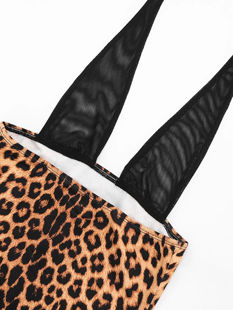 Kricesseen Sexy Leopard Mesh Patchwork Minikleid Damen Bandage Ärmelloses Bodycon-Kleid Rückenfreies Clubwear Vestidos – Detail 4