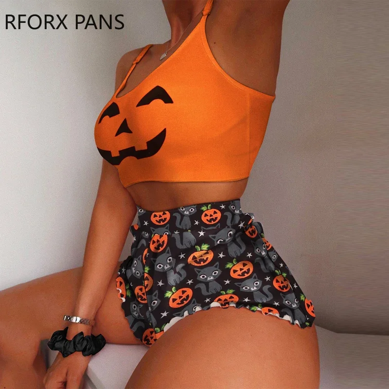 Women Chic Cami Crop Hallowmas Pumpkin Pattern Elastic waist Mini Sexy Sweat Short Sets