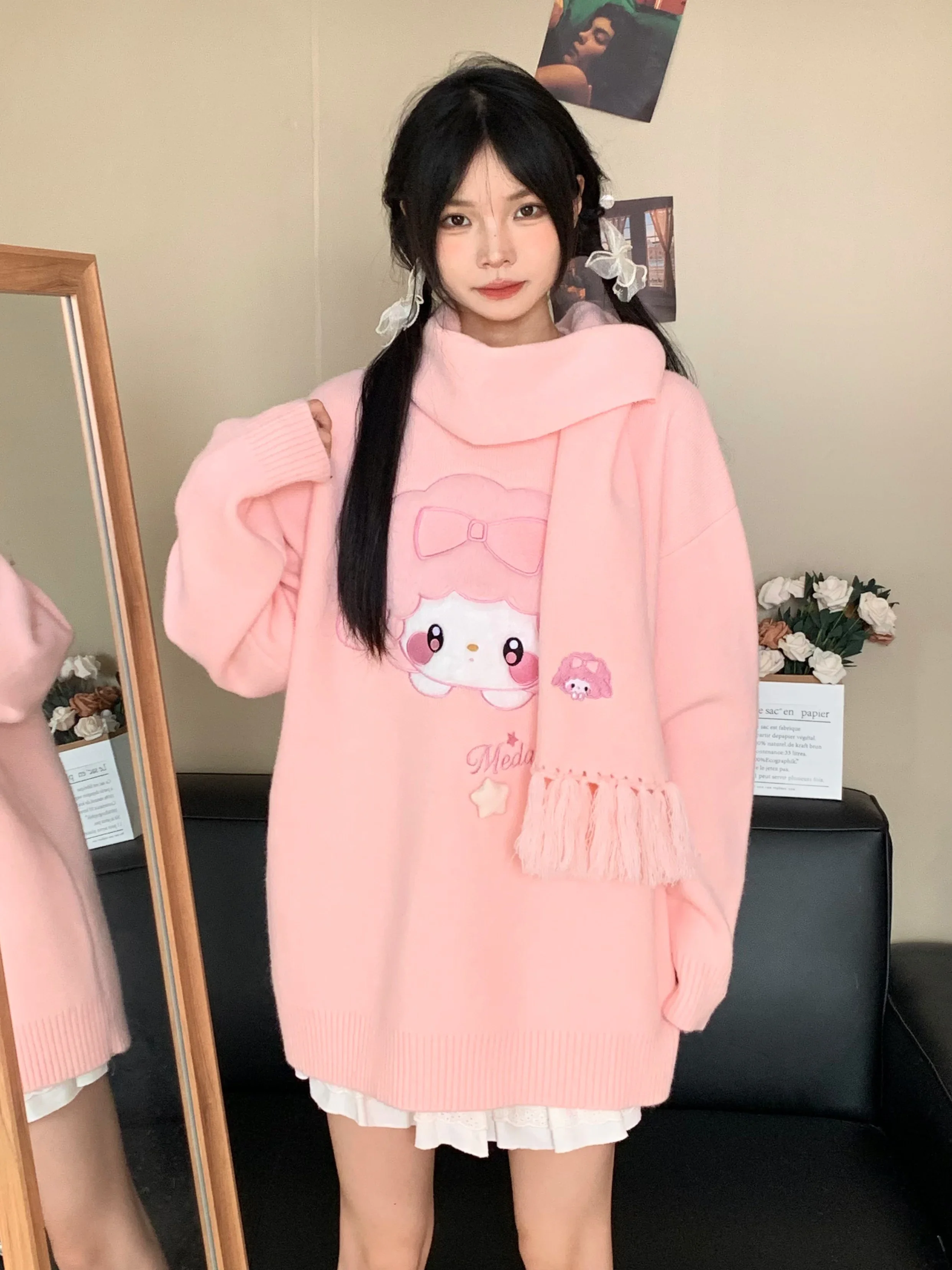 Sanrio Piano Sweaters College Sweet Cute Student Cartoon Casual Sweater Women Autumn Winter Knitwear Pullover with Scarf Hat