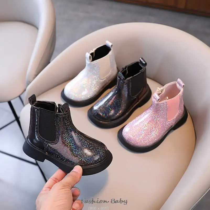 Size 21-30 Kids Autumn Winter Shoes Thick Bottom Waterproof Sequin Boots British Style Girls Toddler Short Boots Anti Slip Foot