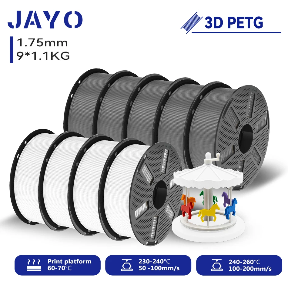 JAYO 9,9 kg 3D PETG/PETG Klares Druckerfilament 1,75 mm ±0,02 mm Hohe Zähigkeit & 100 % ordentlich gewickeltes 3D-Druckfilament, passend für 99 % der 3D-Drucker