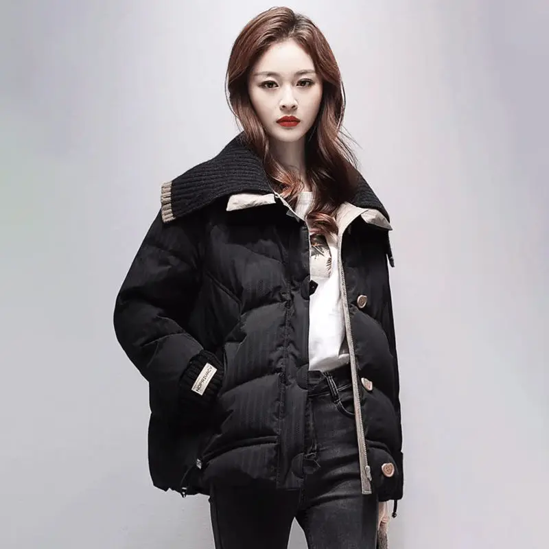 Women Down Cotton Jacket New Fashion Knitted Splicing Turndown Collar Winter Korean Thick Warm Parkas Overcoat Female Cotton