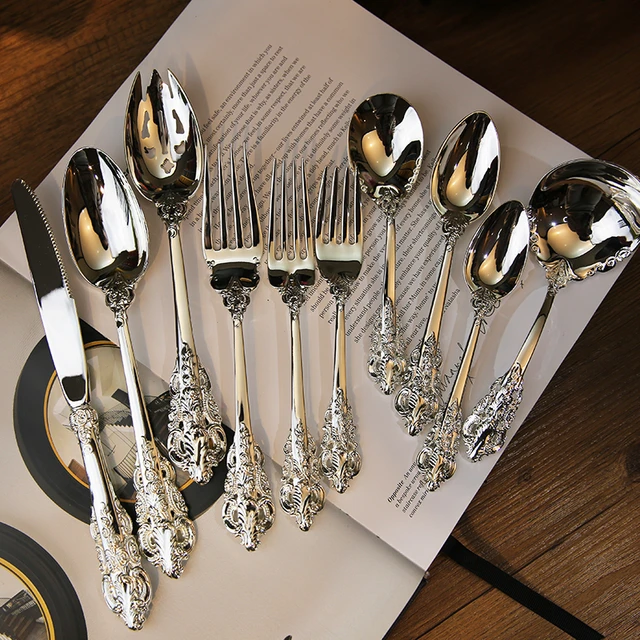 Baroque Tableware Silver Cutlery Set Knife Fork Spoon Flatware for Kitchen 10 Pcs AliExpress