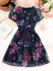 Girls' dark blue background large floral print dress - bow belt design