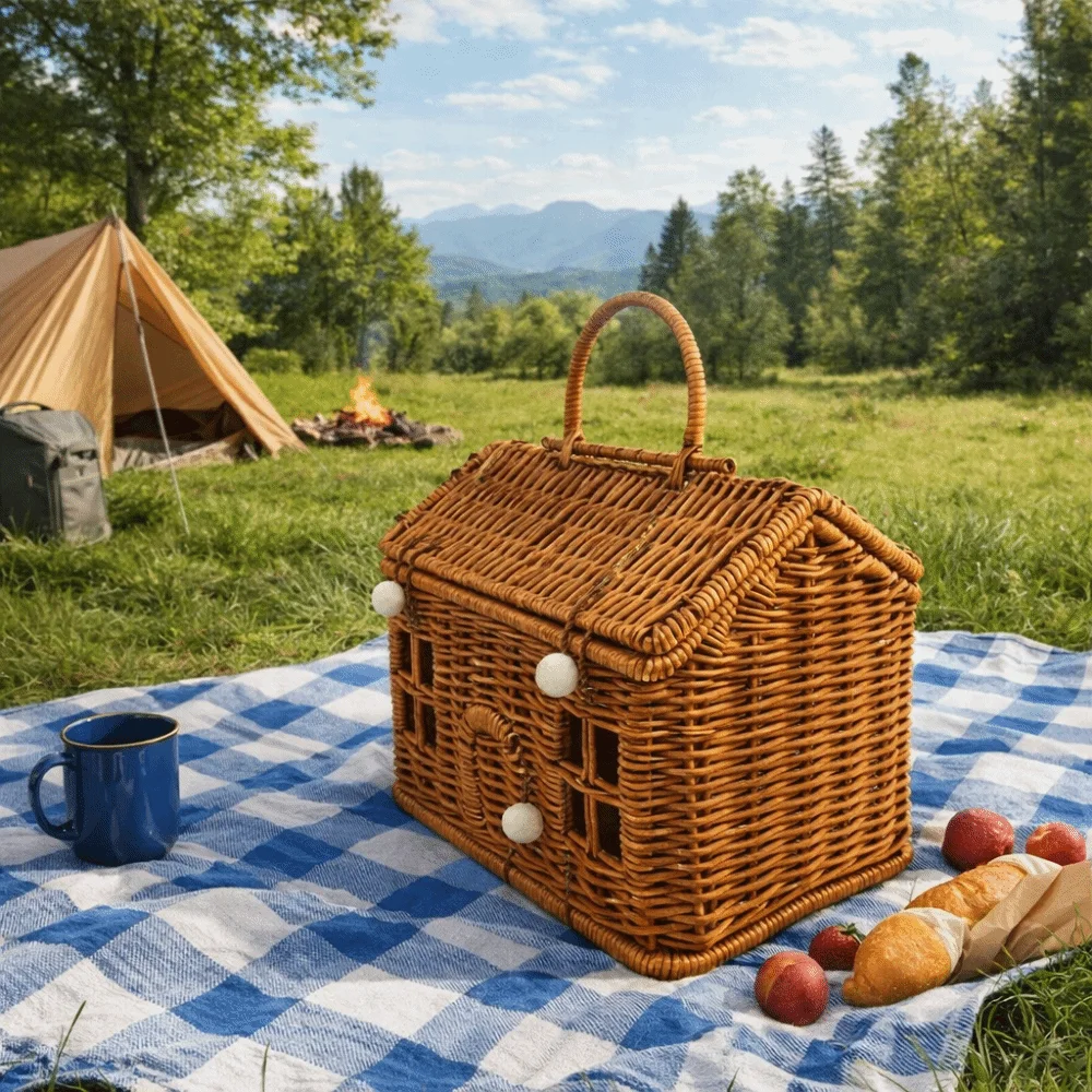 

House Shaped Rattan Picnic Basket Vintage Style Imitation Rattan Handheld Gift Box With Handle Clutter Organizer Outdoor Use